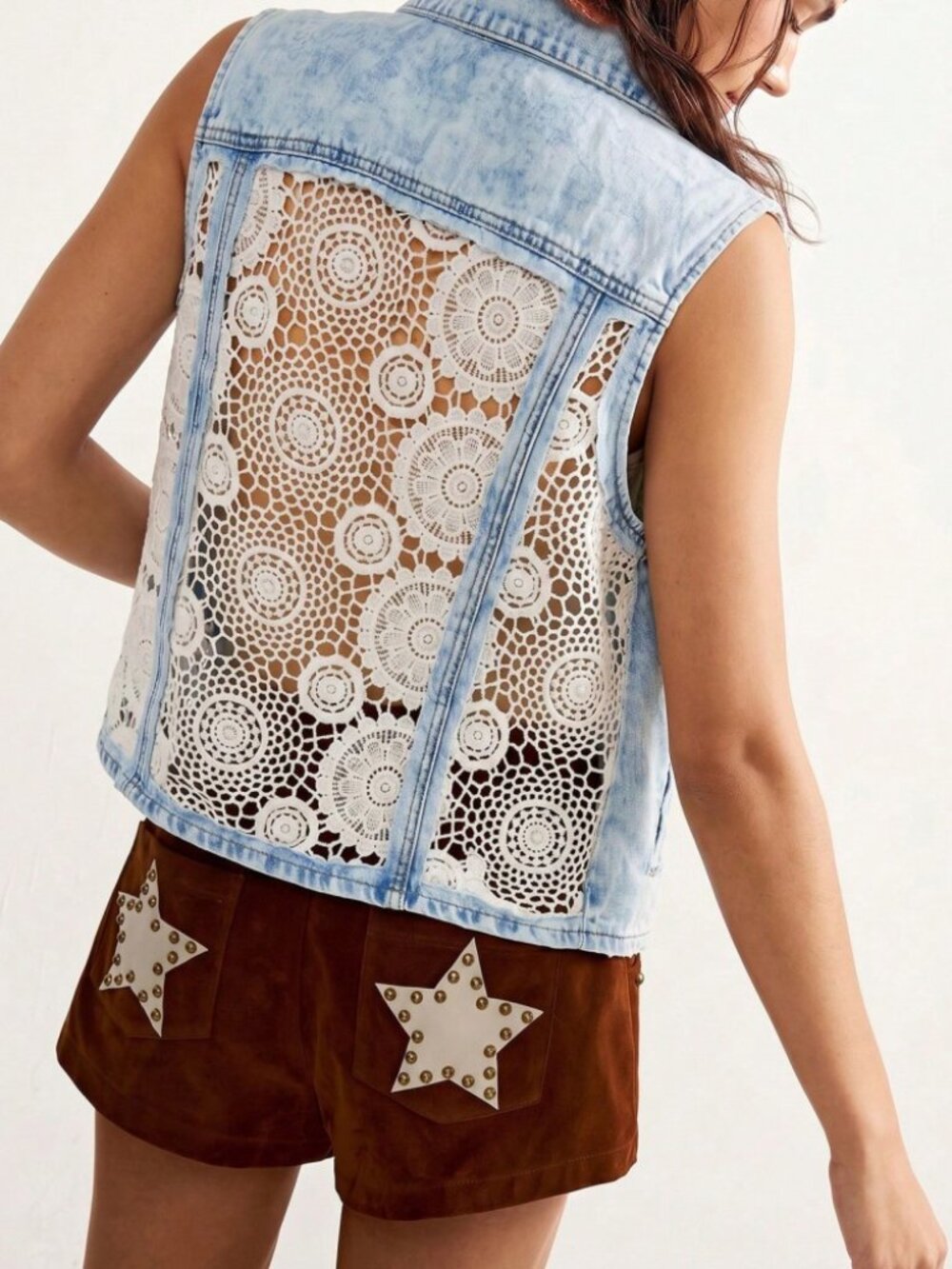 Blue Acid Wash Denim Vest with Crochet Lace Panelings